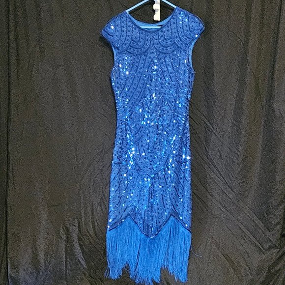 1920s Blue Beaded & Sequin Mable Flapper Dress Large - Picture 1 of 6